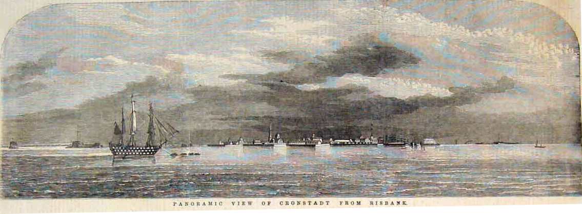 Панорамный вид Кронштадта от форта Рисбанк. (c) The Illustrated London News. 8 апреля 1854
